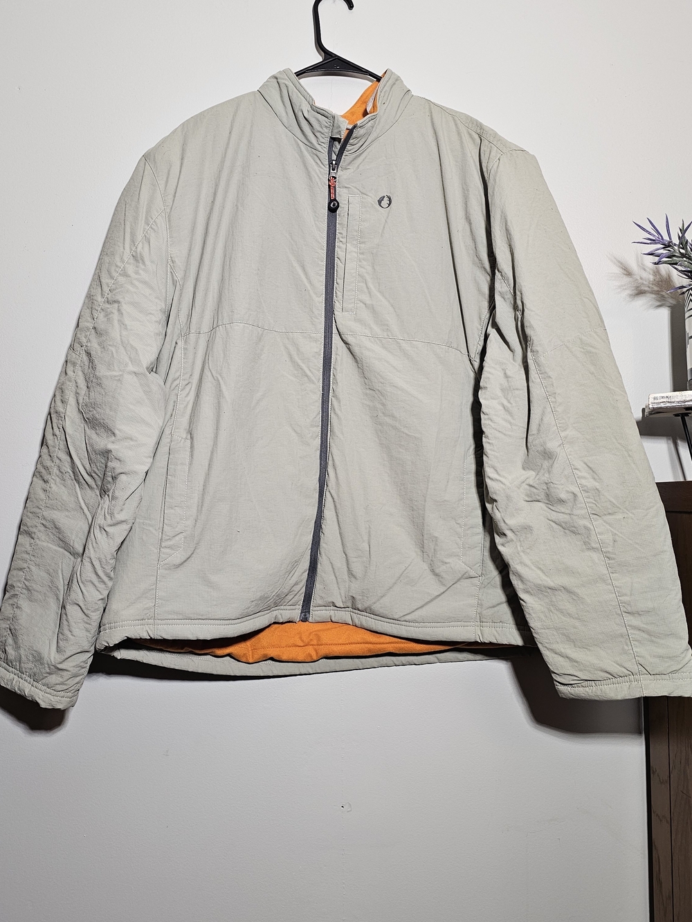 Men's Light Gray Hooded Puffer Jacket with Orange Lining
